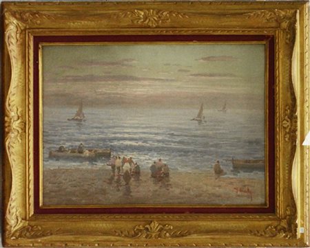 Firma indecifrata, "Marina con pescatori", olio su tela (cm 50x70) firmato in b