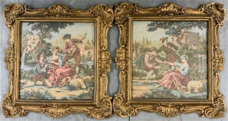 Coppia di arazzi meccanici in policromia raffiguranti scene galanti settecentes