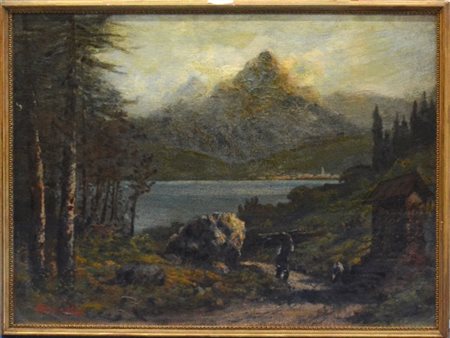 Firma indecifrata, "Paesaggio lacustre", olio su tela (cm 63x85) firmato in bas