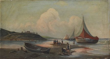 Artista di inizio secolo XX, "Marina con pescatori", olio su tela (cm 50x90) 
(