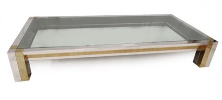 Tavolo da salotto con struttura in ottone cromato e dorato, piano in cristallo,