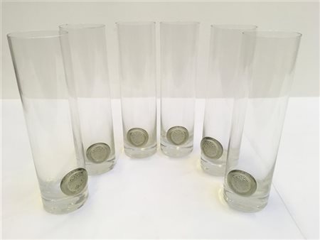 Rosenthal Sei bicchieri in cristallo con decoro applicato a caldo. Germania, sec