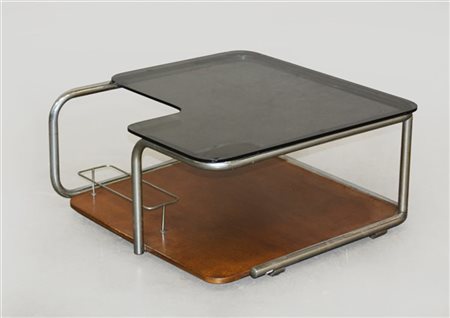 Tavolino-bar con struttura in metallo cromato, piano inferiore in legno con por