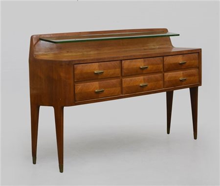 Credenza in legno impiallacciata e bordata a sei cassetti con maniglie in otton