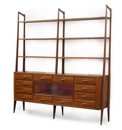 Libreria in legno massello impiallacciato e bordato, con parte inferiore a dodi