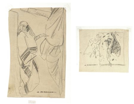 Marcello Dudovich lotto di due disegni a matita su carta, raffiguranti figure, 1