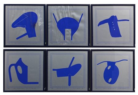 Kazuro Tanabe "Senza titolo" 
sei serigrafie blu su carta metallizzata
cm 39x39