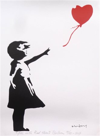 Banksy Girl with Read Heart Ballon, 2019;Litografia a col. su cartone, timbro...