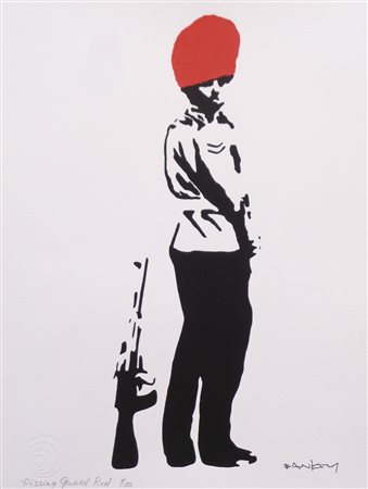 Banksy Pissing guard red;Litografia a col. su cartone, 40 x 30 cm, timbro a...
