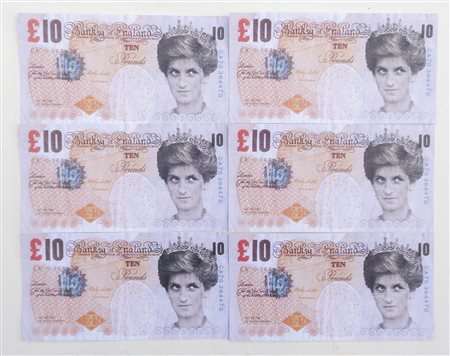 Banksy Di Faced Tenner 10 Pounds;6 banconote Banksy of England Offset, 14,5 x...