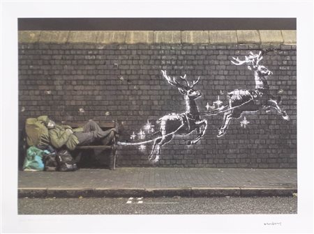 Banksy God Bless Birmingham, 2019;Litografia a col. su cartone, 84,5 x 65 cm,...