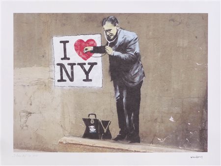 Banksy I love NY, 2018;Litografia a col. su cartone, 84,5 x 65,5 cm, timbro a...