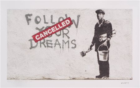 Banksy Follow your dreams, 2018;Litografia a col. su cartone, 84,5 x 65,5 cm,...