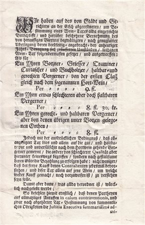 - Lettera circolare “Wein-Taxe Bozner, 1749;..Grieser, Traminer, Kurtatscher...