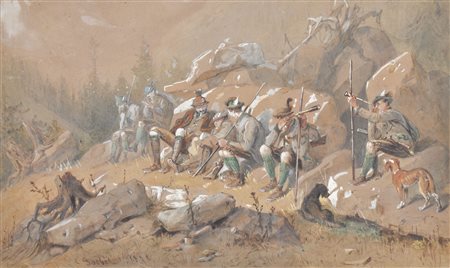 Carl Goebel Cacciatori in montagna, 1872;Guazzo su carta brunastra, 26,5 x 45...