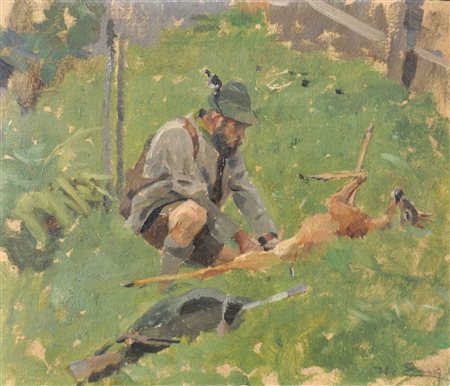 Hugo Engl (Lienz 1852 – Silz 1926) Cacciatore con cervo abbattuto;Olio su...