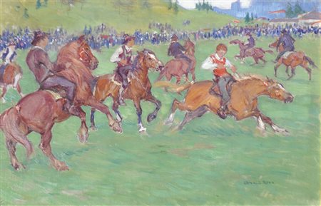 Oswald Roux Ippodromo di Collalbo presso Bolzano;Olio su tela, 51 x 79 cm,...