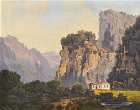 Blaas (Tirol, 19. Jh./Tirolo, Ottocento) Paesaggio alpino con casa sotto una...