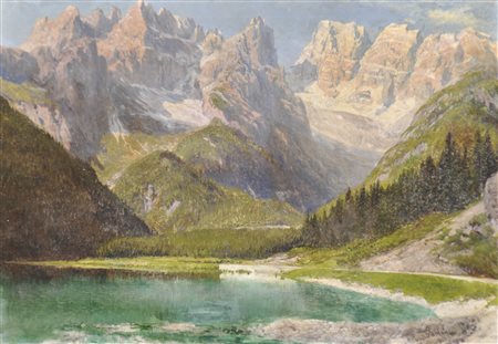 Konrad Petrides (Wien/Vienna 1864 – 1944) Lago di Landro nelle Dolomiti;Olio...