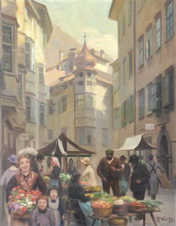 Richard Wolff (Esseg 1880 – Bozen/Bolzano 1964) Piazza delle Erbe;Olio su...