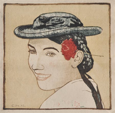 Carl Moser Contadina tirolese, 1923;Xilografia a colori, 31,5 x 29,3 cm...
