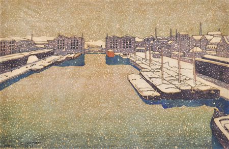 Carl Moser Canale parigino con la neve, 1930;Xilografia a colori, 30 x 45 cm,...