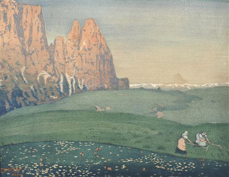 Carl Moser Sciliar con Alpe di Siusi, 1922;Xilografia a colori, 39 x 50 cm...