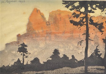 Max Sparer Sciliar al tramonto, 1960;Xilografia a colori, 19,5 x 28 cm, in...