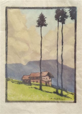 Max Sparer Maso sudtirolese con alberi;Xilografia a colori, 30,5 x 21,5 cm firma