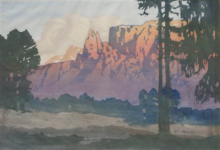 Max Sparer Sciliar al tramonto;Xilografia a colori, 36,5 x 53,5 cm firma
