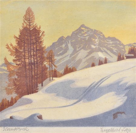 Engelbert Lap Serles d’inverno con tracce degli sci;Xilografia a colori, 15,5...