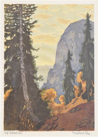 Engelbert Lap Parete Martinswand presso Innsbruck in autunno;Xilografia a...