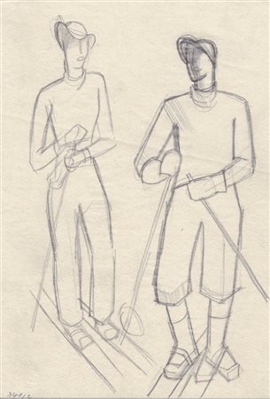 Erich Torggler (Kufstein 1899 – Innsbruck 1938) Coppia di sciatori;Matita su...