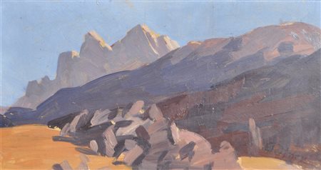 Josef Telfner Le Odle;Olio su cartone, 22,5 x 42,5 cm, in cornice Firma