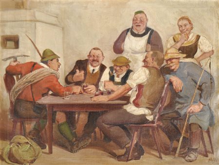 Albert Stolz Tavolo fisso a Bolzano con scalatore, 1924;Olio su tela, 75 x...