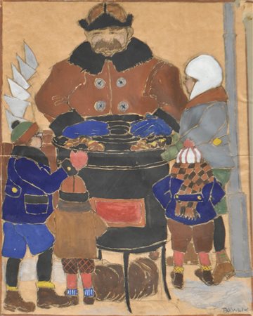 Pawlik Al banco delle castagne, 1910 ca.;Tempera, carboncino, 53 x 42 cm, in...