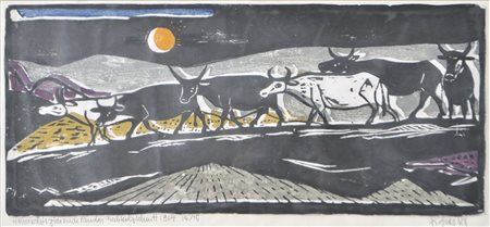 Karl Grasser Bovini che tornano a casa, 1974;Xilografia a colori, 21 x 47,5...