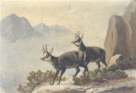 Maler des 19. Jahrhunderts / Pittore del XIX secolo Camosci in montagna;Olio...