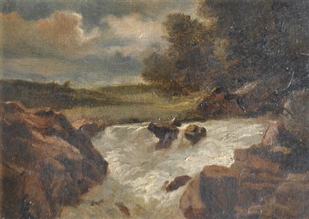 Maler des 19. Jh./Pittore del XIX secolo Paesaggio notturno con ruscello;Olio...