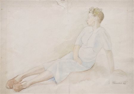 Gino Pancheri Signora a riposo, 1942;Acquerello, 34 x 49 cm, piegha Firma e data