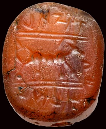 A semitic (paleo-hebrew) carnelian scaraboid stamp-seal. Deer and inscriptions.