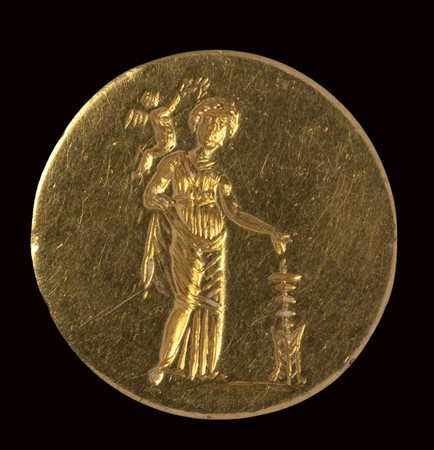 A very fine early Hellenistic gold ring with engraved bezel. Aphrodite and Eros. 