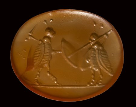 A roman republican carnelian intaglio. Two cicadas fighting as gladiators.