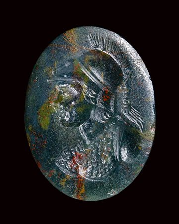 A large  roman eliotrope intaglio. Bust of Athena. 