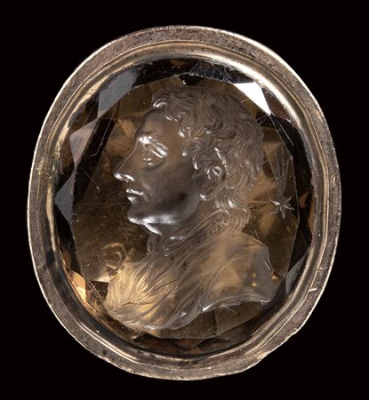 A quartz fumé intaglio set in a metal seal mounting. Portrait of Isaac Newton. 