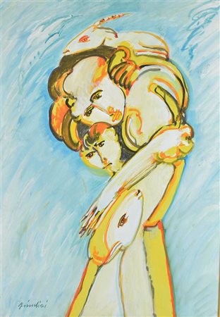 Remo Brindisi MATERNITA' tempera su carta applicata su tela, cm 70x50 firma...