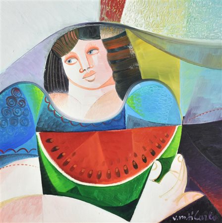 Vittorio Maria Di Carlo FIGURA CON ANGURIA olio su tela, cm 50x50 firma sul...