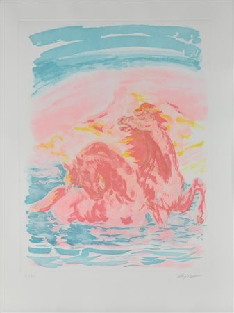 Aligi Sassu MANUSCRIPTUM cartella con cinque acqueforti-acquatinte, battuta...