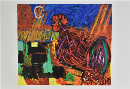 Bruno Cassinari IL CANTO DEL GALLO litografia su carta Fabriano, cm 50x70;...