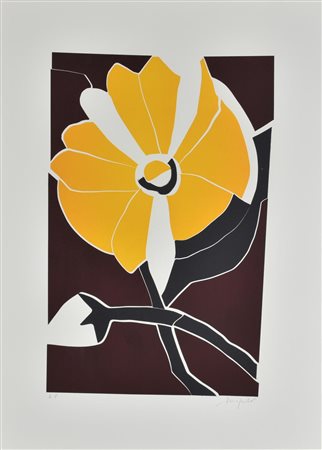 Ugo Nespolo FIORE GIALLO incisione su carta, battuta cm 50,5x32, su foglio cm...